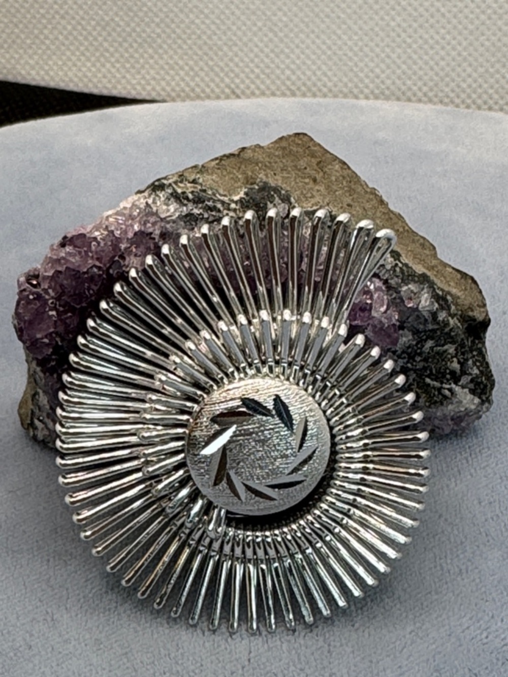 Vintage Silver Radiant Spiral Scarf Clip — Textured Center